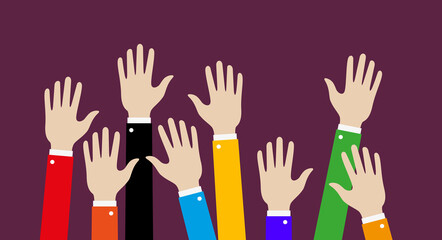 Concept of raised up hands. Flat vector illustration isolated on background