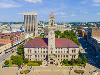 Aerial view of Worcester historic center including Worcester City Hall on Main Street with modern...
