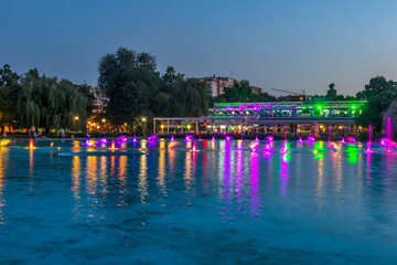 Fototapeta na wymiar Sunset view of Singing Fountains in City of Plovdiv, Bulgaria