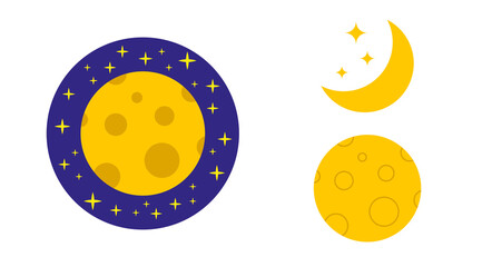 Moon icon set. Moon in space, crescent moon with stars. Moon in craters. Flat vector illustration isolated on white background.