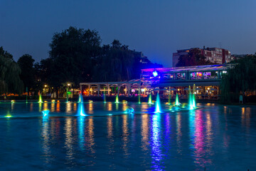 Sunset view of Singing Fountains in City of Plovdiv, Bulgaria