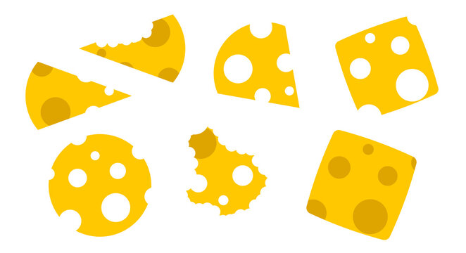 Pieces of cheese. Slicing cheese in different shapes. Flat vector illustration isolated on white background.