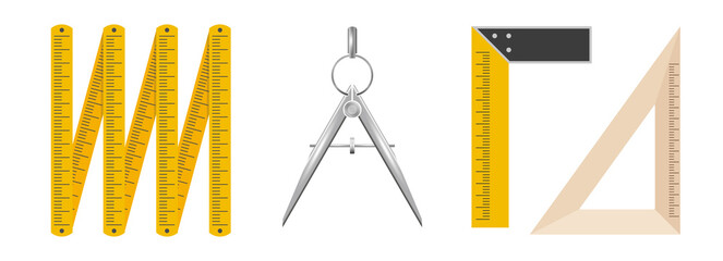 Measuring tools. Folding rule, bow-compass divider, building corner, school wooden corner. 3D vector illustration isolated on white background.