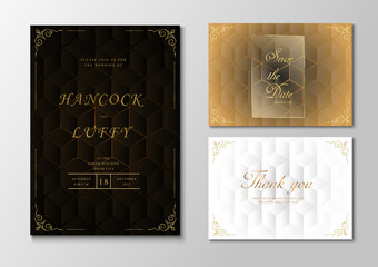  Luxury wedding invitation card template with black, white and gold background design geometric shape