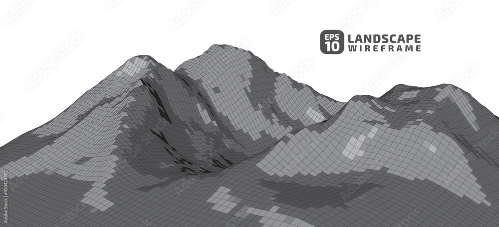 Aufkleber abstract wireframe landscape in gray tone style. 3d mesh technology illustration background. digital