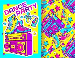 Funky cartoon template for party, Festival, Event, Club Flyer, Invitation, Poster, web banner. 80s-90s pop style. Retro hit concept  - obrazy, fototapety, plakaty