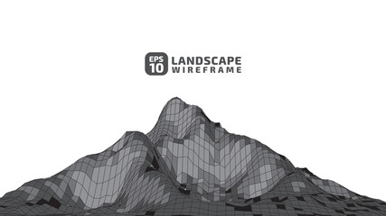 Abstract wireframe landscape in gray tone style. 3D mesh technology illustration background. Digital cyberspace terrain in mountains with valleys. Design material. Data array. Vector illustration.