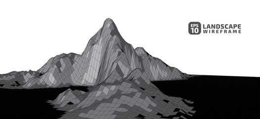 Abstract wireframe landscape in gray tone style. 3D mesh technology illustration background. Digital cyberspace terrain in mountains with valleys. Design material. Data array. Vector illustration.