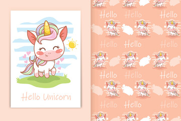 cute baby unicorn cartoon illustration and seamless pattern set