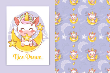 cute baby unicorn hugging little star cartoon illustration and seamless pattern set