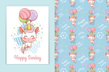 cute baby unicorn with balloons cartoon illustration and seamless pattern set