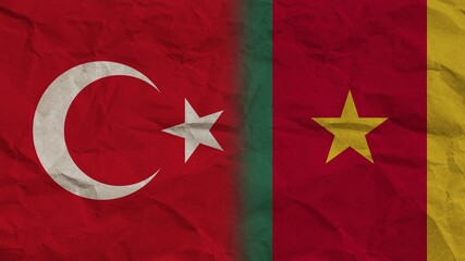 Obraz premium Cameroon and Turkey Flags Together, Crumpled Paper Effect Background 3D Illustration