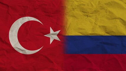 Obraz premium Colombia and Turkey Flags Together, Crumpled Paper Effect Background 3D Illustration