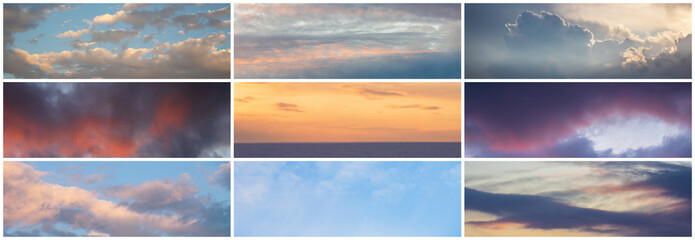 Collection of panoramic sky backgrounds. The set includes panoramas of the daytime sky and beautiful clouds at sunset.