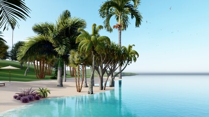 Fototapeta na wymiar Romantic beach, two sun beds, loungers, palm tree. White sand, sea view with horizon, colorful twilight sky, calmness and relaxation. Inspirational beach resort hotel. 3d rendering. 