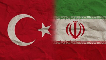 Iran and Turkey Flags Together, Crumpled Paper Effect Background 3D Illustration