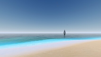 Fototapeta na wymiar Blue sky over the sea and beach. Waves washing the sand.
