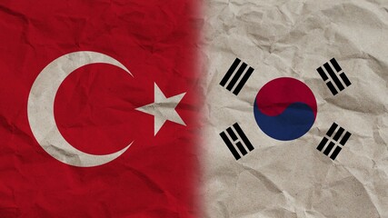 South Korea and Turkey Flags Together, Crumpled Paper Effect Background 3D Illustration