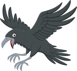 Cartoon crow flying on white background