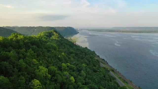 Bluff top views along the Mississippi River. Minnesota Wisconsin state border. Aerial view. Day, summer