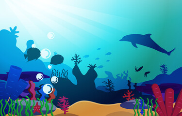 Obraz na płótnie Canvas Wildlife Dolphin Fish Sea Ocean Underwater Aquatic Flat Illustration