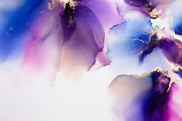 Abstract fluid art. Alcohol ink on canvas. Blue, purple, and gold. - 450430683