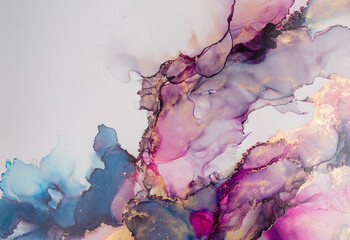 Abstract fluid art. Alcohol ink on canvas. Purple, blue, and gold - 450430801