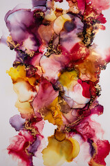 Abstract fluid art. Alcohol ink on canvas. Purple, red, and gold - 450430883