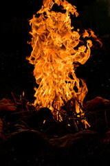 Flames of a bonfire at night