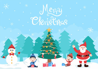 Fototapeta na wymiar Happy Celebrating Christmas Day With Kids and Snowman, The Decoration Tree And Some Gift. Background Vector Illustration
