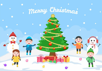 Happy Celebrating Christmas Day With Kids and Snowman, The Decoration Tree And Some Gift. Background Vector Illustration