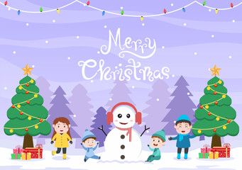 Obraz na płótnie Canvas Happy Celebrating Christmas Day With Kids and Snowman, The Decoration Tree And Some Gift. Background Vector Illustration