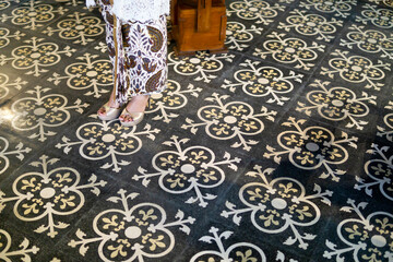 Beautiful Bride Standin on Vintage Old Ceramic Tiles Floor, Vintage Home Decoration with Tiles Pattern Floor