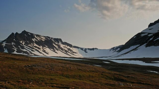Beautiful snow covered mountains of in Jämtland county, Sweden -Wide pan