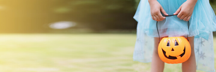 Little Girl in costume of princess with Pumpkin lantern in park. Happy Halloween concept