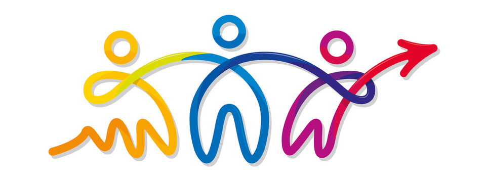 Unity concept. Drawing of 3 abstract people joined by their arms formed by a thick line that changes color from yellow, green, blue, purple to red