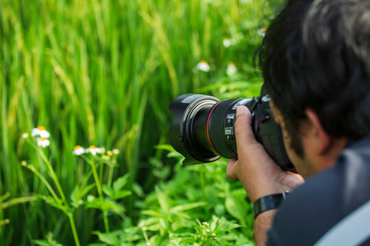 Male photographer taking photos of flowers whites