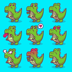 Set of Cute Dinosaur with different facial expressions. Dinosaur emotions face collection in cartoon flat illustration.