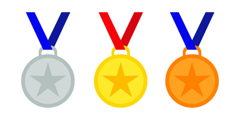 Gold, silver and bronze medals with blue and red ribbon, flat vector icons for sports apps and websites, isolated on white background