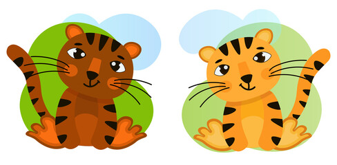 Two cute tiger cubs - black and light-skinned. Isolated vector illustrations for print, advertising, web, decor, design, calendar. 2022 is the year of the black water tiger.
