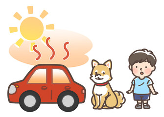 炎天下で暑くなっている車と子供と犬