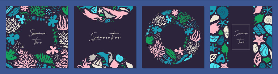 Set of posters with marine life. Abstract illustration of summer time concept. Underwater set of silhouettes. .Flat vector illustration. Card templates