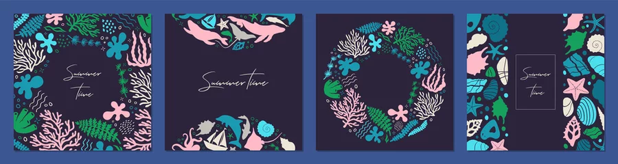 Crédence de cuisine en verre imprimé Vie marine Set of posters with marine life. Abstract illustration of summer time concept. Underwater set of silhouettes. .Flat vector illustration. Card templates