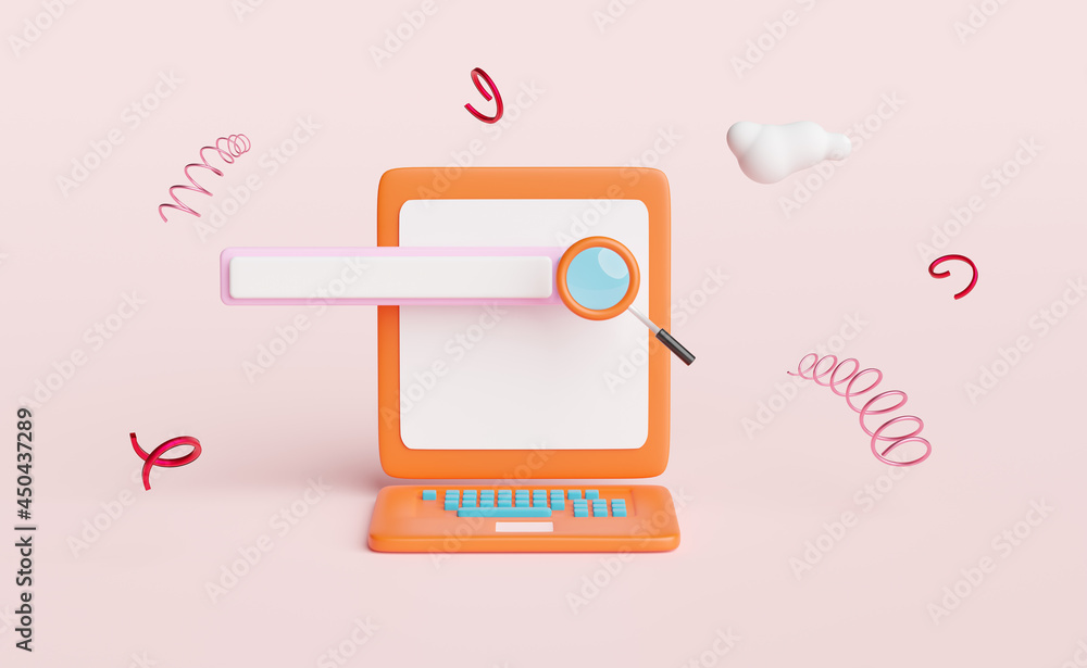 Aufkleber orange laptop computer monitor with blank search bar,magnifying glass,cloud isolated on pink backgro