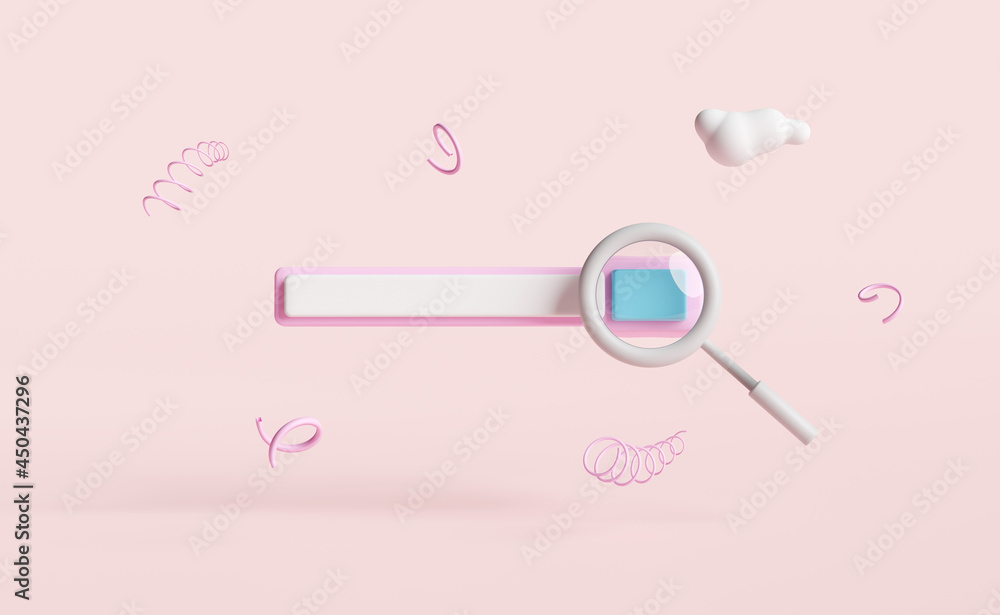 Aufkleber grey magnifying glass with blank search bar,cloud isolated on pink background ,minimal web search en