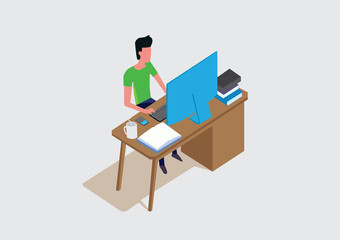 illustration of a man sitting at a desk. Office work done at home. sitting in front of the computer