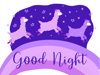 Children's illustration. Sheep are jumping on the rainbow. Pastel palette. Vector in flat style. The inscription 