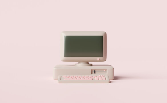 Old desktop computer monitor with blank screen,keyboard isolated on pink background.concept 3d illustration or 3d render
