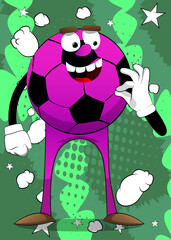 Soccer ball showing ok sign. Traditional football ball as a cartoon character with face.