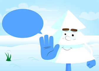 Cartoon winter pine trees with faces showing deny or refuse hand gesture. Cute forest trees. Snow on pine cartoon character, funny holiday vector illustration.